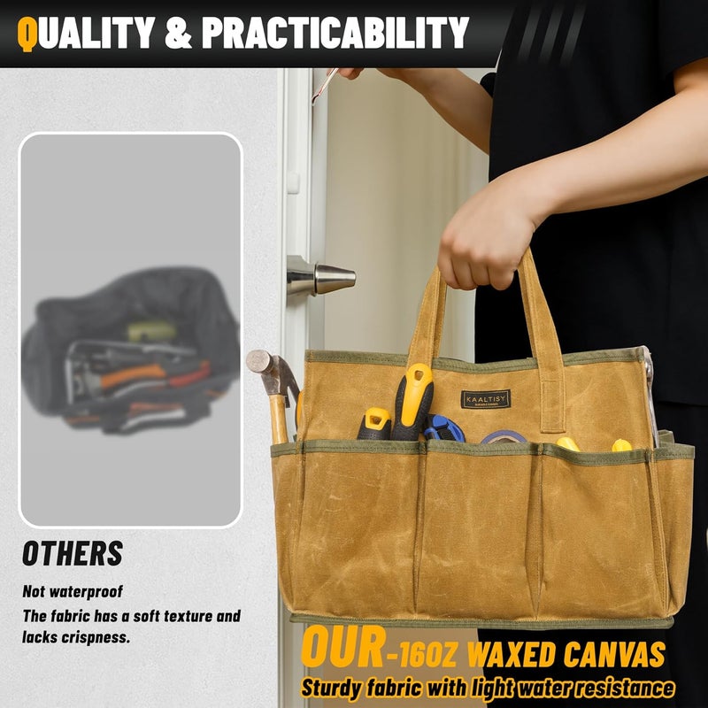 Kaaltisy 16OZ Waxed Canvas Tool Tote Bag | Large-Capacity Tool Storage Tote with 10 External Pockets | Multi-Purpose Garden Tool Carrier for Gardening, Wrench, and Carpentry Tools – Khaki - Image 5